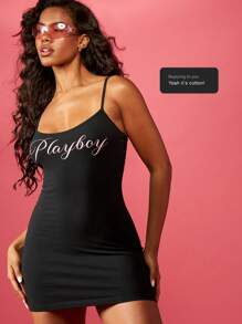 Missguided x Playboy Slim Fit Mini Bodycon Dress With Script Logo Spaghetti Strap Cami Design Club Party Summer Night Out - Black - View 7