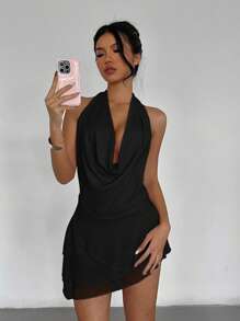 Aloruh Women Solid Color Draped Neck Sleeveless Short Dress