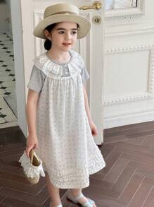 DAZY Set de 2 piezas para niñas jóvenes, con camiseta de manga corta con cuello de volantes y vestido floral ditsy, conjuntos de verano para niñas - Gris - Ver 3