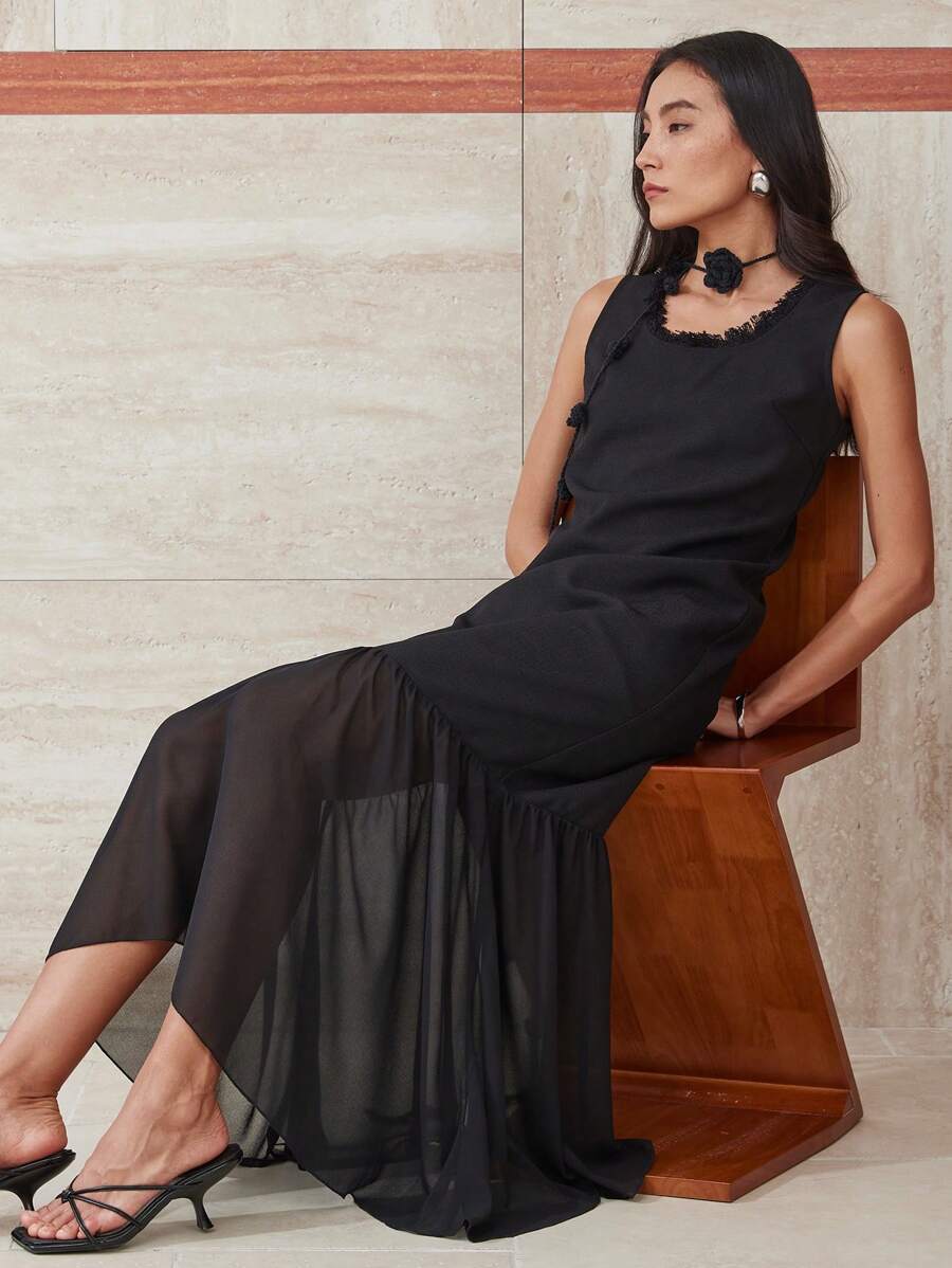 Dazy-Less Falda de tul con dobladillo de cola de sirena para mujer, elegante conjunto de vestido de dos piezas con cinturón de borlas y lazo floral para uso casual, de negocios o de vacaciones