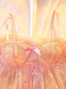 可爱性感蝴蝶结蕾丝露背两件套女士内衣套装，荷叶边下摆和花卉压花网眼，半透明，适合外出穿着 - 粉色 - 查看 5