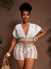 Slaydiva 2-Piece Plus Size Crochet Set: Plunging V-Neck Tie Cropped Top And Form-Fitting Crochet Shorts, Colorblock Striped, For Spring/Summer Vacation - Multicolor - View 8