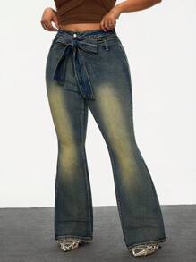 SHEIN SXY Plus Size Color Blocking Waist Belt Skinny Flare Leg Casual Jeans - Blue - View 2