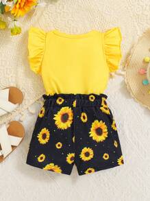 SHEIN Playful Pals 2pcs Baby Girl Spring/Summer New Cute Heart & Sunflower Print Flutter Sleeve Top And Bow Shorts Set - Yellow - View 3