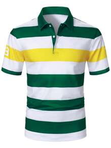 Manfinity Mode 男士休闲条纹印花纽扣领短袖 Polo 衫，夏季 - 彩色 - 查看 5