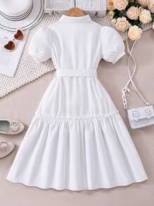 SHEIN Tween Girls' Floral Print Collar Button-Up Puff Sleeve Dress With Belt, Filipiniana Terno - White - View 2