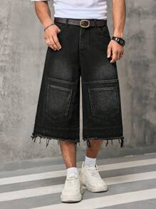 Manfinity EMRG 男士休闲水洗阔腿牛仔短裤 - 黑色 - 查看 3