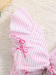 SHEIN Babygirl Cute Pink & White Striped Bow Cutout One-Piece Swimsuit, Summer - Pink - View 7