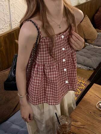 SHEIN Unity Women's Plaid & Printed Single Breasted Vacation Style Camisole Top Graphic Tees Women Tops