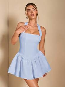 SHEIN BAE 纯色方领露背方领褶皱迷你连衣裙露背连衣裙粉色女士泡泡无袖连衣裙宫廷风格节日连衣裙夏季背部大蝴蝶结装饰，优雅，女士海滩装/海滩，女士婚礼宾客礼服/新娘送礼会礼服白色，毕业礼服/毕业装，女士早午餐装，女士音乐会装/狂欢装节日/乡村音乐会装/伊比沙岛装/纳什维尔装，度假，度假，端庄，热带度假女装，辣妹，夏季/夏季服装/夏季服装，女士春季服装，约会夜礼服，伴娘迷你连衣裙，优雅小黑裙，春夏露背 - 淺藍色 - 查看 4