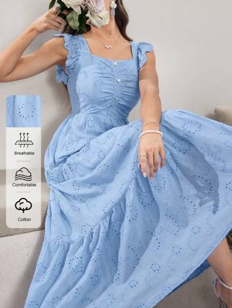 Modelyn Quadratischer Kragen ärmellos gerüschtes Kleid mit Perlknöpfen und Stickerei in Blau