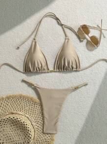 Swim Mod Women Summer Beach Metal Decoration Round Ring Sexy Bikini Set - Khaki - View 1