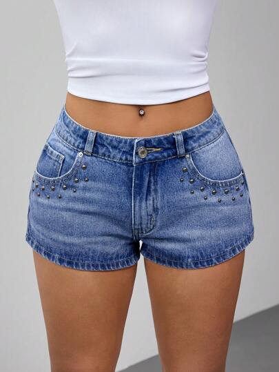 SHEIN ICON 女式夏季休闲串珠口袋牛仔短裤