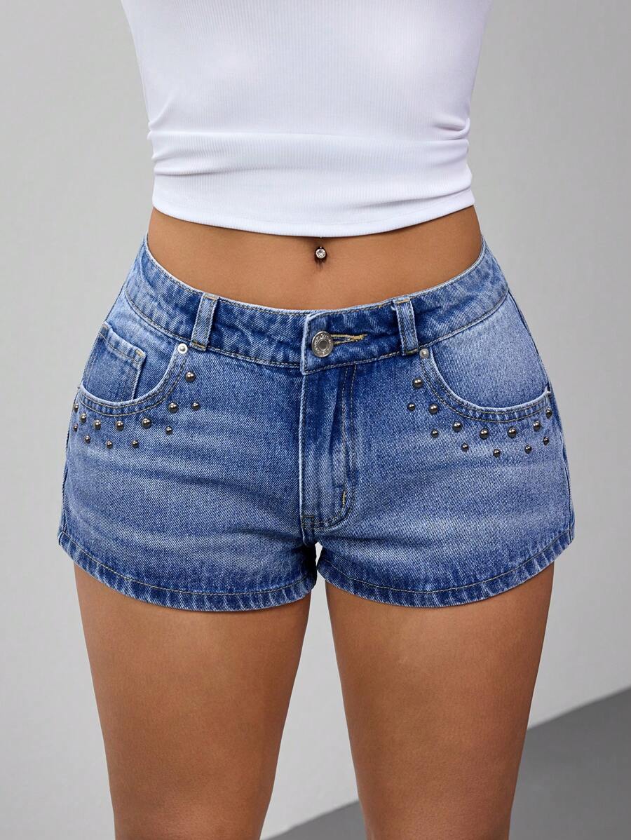 SHEIN ICON 女式夏季休闲串珠口袋牛仔短裤 - 淺色水洗藍 - 查看 1
