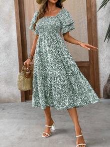 女式简约清新绿色碎花全身印花长裙，短袖