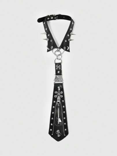 Grunge Punk Y2K Punk Style Studded Zip Metal Skull Unisex Necktie, Goth Dark Style Accessories, Unique Personalized Ornament, Halloween