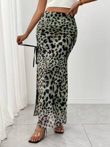 Chiquease Falda elegante de mujer de gasa con estampado de leopardo y cordón en la cintura con abertura