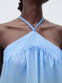 Maija Women's Blue Summer Halter Tie Sleeveless Dress, Sexy Minimalist Comfortable Positioning Plant Print Pattern, Suitable For Beach Holiday, Summer Beach Essential