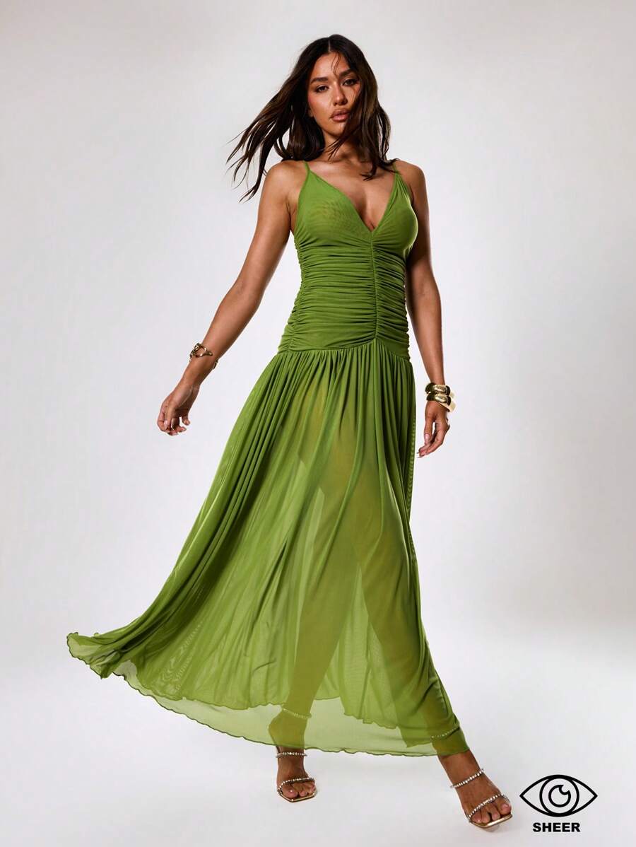 MUSERA Ruched Front Plunge Maxi Dress Vacation Spring Summer Prom Graduation Birthday Occasion Wedding Guest Beach Holiday Fall Night Out Wedding Guest, Elegant, Date Night, , , Fall, Winter - Green - View 1