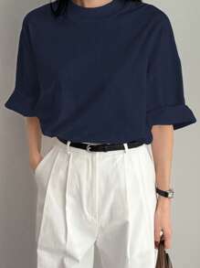 Dazy-Less Camiseta de manga corta de cuello alto, de unicolor, minimalista y de uso informal para oficina, para mujer