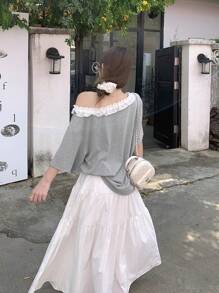 DAZY Maglietta a maniche corte stile coreano, con spalline asimmetriche arricciate, taglio largo, estiva, da donna