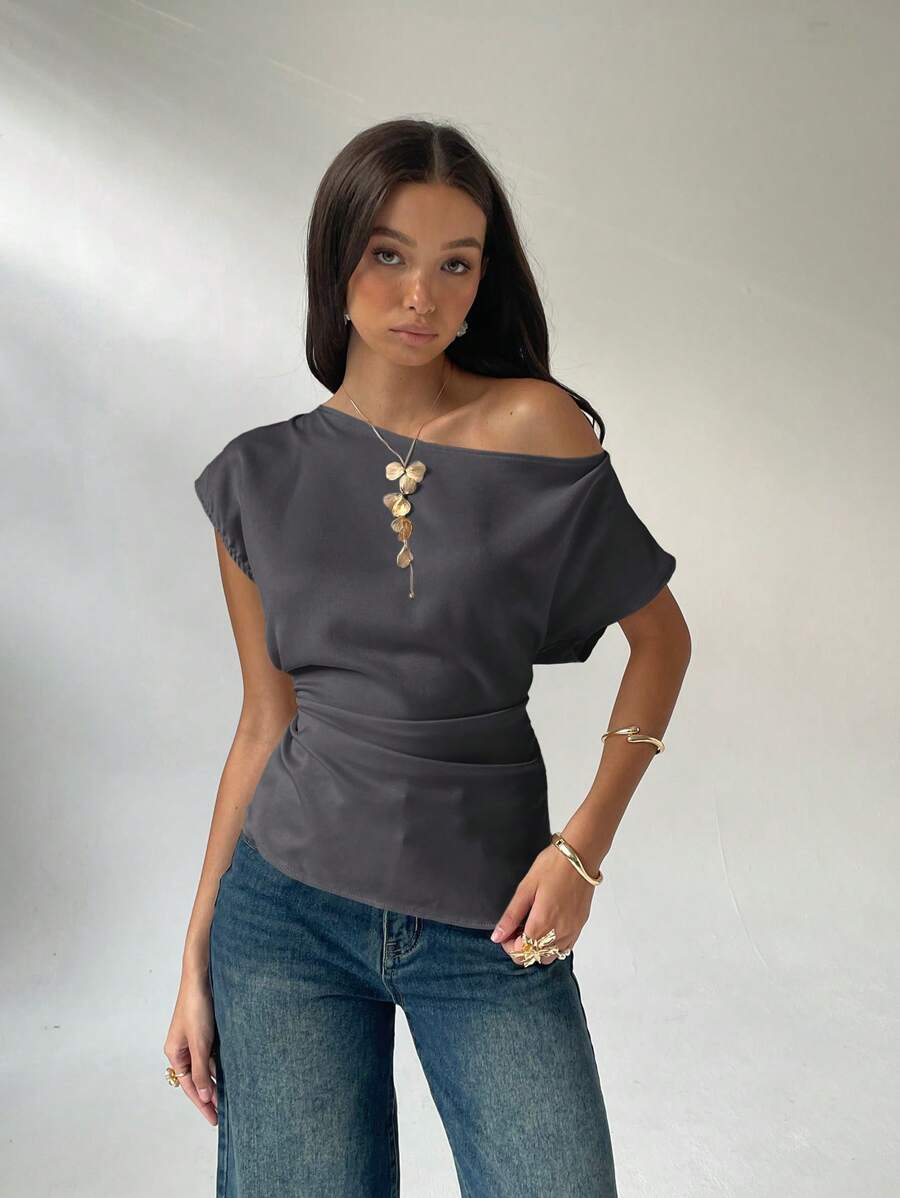 Aloruh Women's Asymmetric Collar Solid Color Batwing Sleeve Fashion Shirt, Summer - Dark Grey - View 1