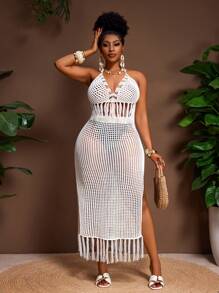Slaydiva White Summer Boho Silky Beach Holiday Ladies Plus Size Knit 2-Piece Set,Halter Neck Backless Tie-Up Knitted Top&Long Fringe High Slit Maxi Skirt - White - View 7