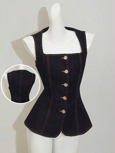 SHEIN MOD Women Square Neck Single Breasted Casual Sleeveless Denim Top, 2025,Look,Island Vacation,Honeymoon,Summer Tops,Crop Tops,Tank Tops Women,Business Casual Woman,Office,Going Out Tops,Going Out Tops Women,Tops For Summer,Button Up Shirt Women,Brunch,Concert,Graduation,Cruise,Airport,Denim,Club,Tea Party Tops,Funny Shirts,Summer Tops For Women,Vacation,Denim Vest,Old Money,Business Casual