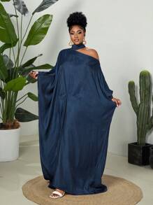 Maweii Plus Size Women Solid Color Elegant Batwing Sleeve Faux Denim Maxi Dress - Blue - View 1