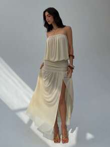 Aloruh 女士新款杏色露肩露背连衣裙，褶皱简约设计长裙，飘逸连衣裙，透视女士连衣裙，春夏季沙滩裙海滩度假装，奶油黄色女士夏季连衣裙 - 杏色 - 查看 7