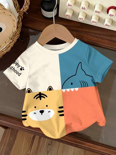 SHEIN 男宝宝休闲简约圆领短袖宽松T恤，适合夏季