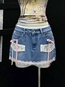 EgrlEra Sexy Lace Bowknot Belted Low-Waist Denim Mini Skirt - Light Wash - View 1