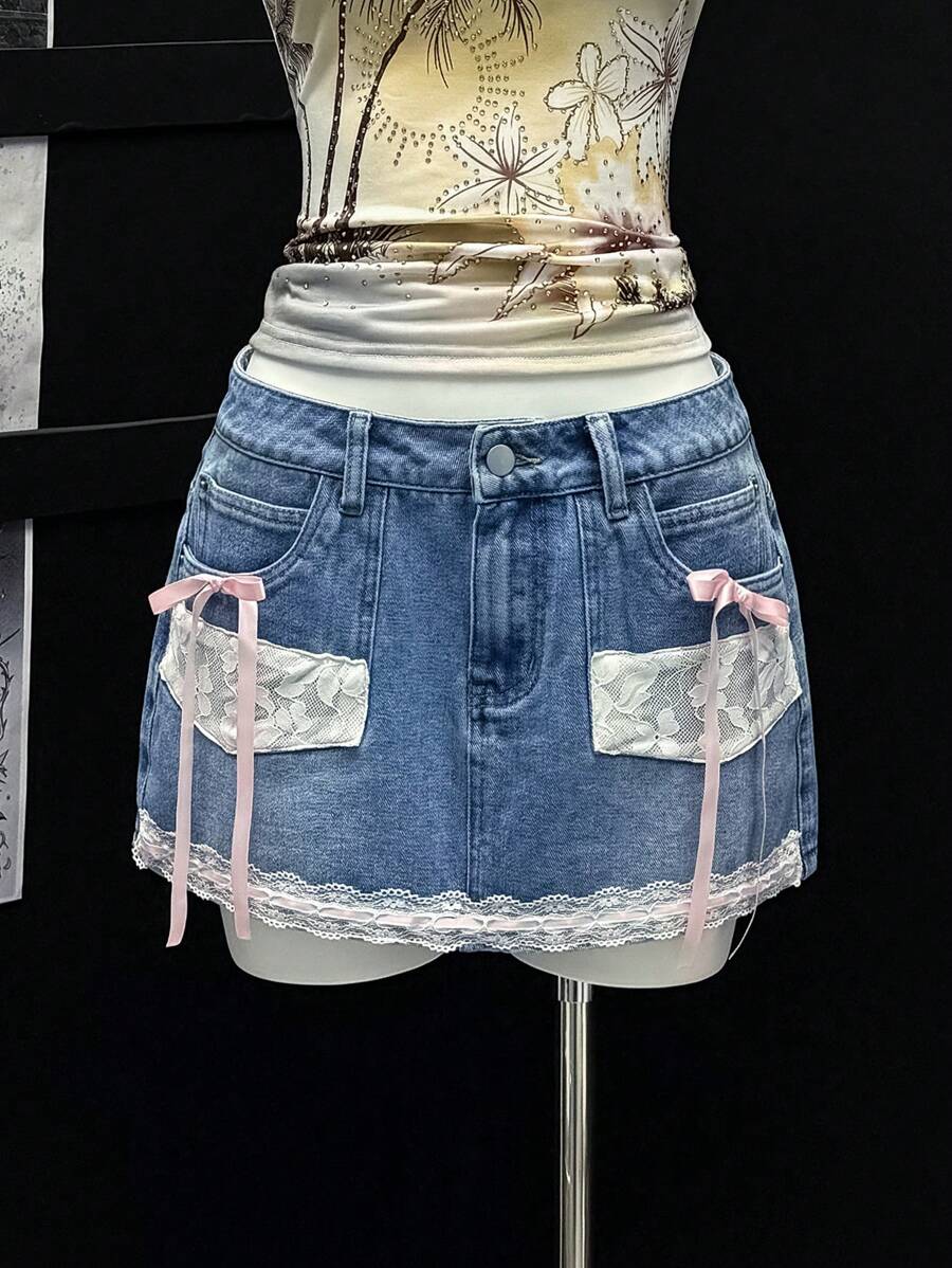 EgrlEra Sexy Lace Bowknot Belted Low-Waist Denim Mini Skirt - Light Wash - View 1