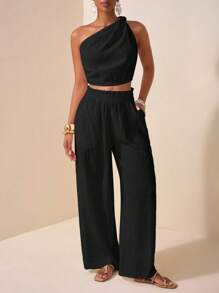 Zivah 2025 Summer New Style For Birthday Parties, Back To School Season, Student Wear, Daily Outings, Basic And Versatile, Leisure, Vacation, Cruise Travel, Beach, Seaside, Sunbathing, Popular Online Style, Elegant, Commuting, Business Casual, One Shoulder, Knot, Off-Shoulder And Backless, Cropped Women's Tops And Straight Loose Trousers, Ruffled Edges, Pockets, Textured Vertical Stripes, Black, Summer Suits, Women's Two-Piece Suits - Black - View 7