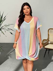 SHEIN Clasi Plus Size Women Contrast Color V-Neck Batwing Short Sleeve Casual Summer Dress - Multicolor - View 6