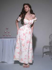 SHEIN MOD 女士夏季优雅碎花欧根纱露肩连衣裙、舞会礼服、女士碎花连衣裙、优雅女士连衣裙、夏季连衣裙、波西米亚风、女士正式派对礼服、女士长裙 - 彩色 - 查看 4