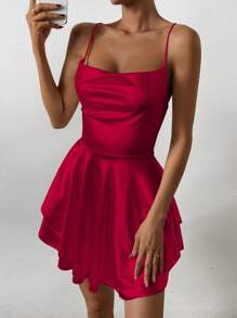Chiquease 女士褶皱吊带连衣裙酒红色迷你短款女装