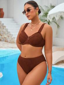 Swim Vcay 加大码咖啡色特殊面料比基尼泳装套装