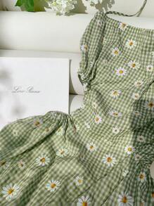 Comfortcana Summer Casual Green Plaid & Daisy Print Backless Jumpsuit For Women - Green - View 3