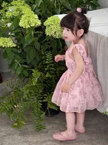 SHEIN 婴幼儿女孩优雅碎花雪纺细肩带连衣裙，甜美可爱，夏季 - 粉色 - 查看 3