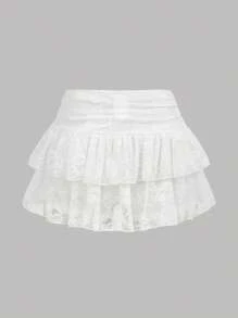 Girlism Teen Girl Fashionable Sweet Solid Color Double-Layered Lace White Mini A-Line Skirt Y2K