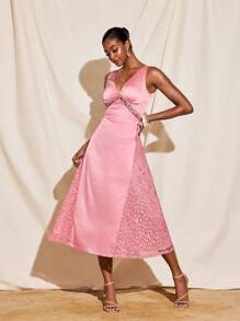 BELZY Women Elegant Pink Satin Transparent Lace Blocked Deep V Midi Dress Summer Wedding Romantic