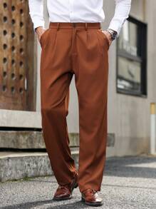 Manfinity Mode Slim Fit Men's Burgundy Pleated Straight Leg Suit Pants With Pockets - Brown - View 1