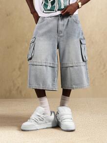 SUMWON 阔腿工装牛仔短裤街头风滑板风格长款宽松宽松短裤复古 90 年代嘻哈时尚 Y2K 都市服饰
