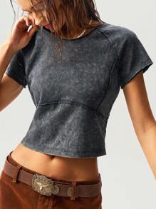 Bohemela Women's Solid Color Knitted Textured Design Round Neck Raglan Sleeve Short Sleeve Regular Fit T-Shirt, Casual