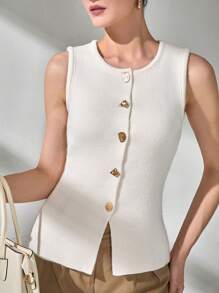 CLARA VERO Women Button Front Gold Button Knit Vest - Cream - View 7