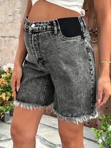 SHEIN Pregnant Women Dark Grey Raw Edge Skinny Denim Shorts - Black - View 4