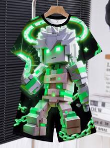 SHEIN Bộ 2 món trang phục cổ tròn tay ngắn giản dị tối giản cho bé trai tuổi teen, phù hợp cho mùa hè - Nhiều màu - Xem 2