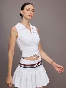 Activina 女式褶皱刺绣无袖运动 Polo 衫，夏季 - 白色 - 查看 5