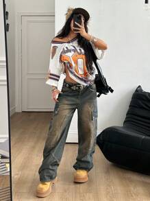 Coolane Women's & Men's Summer Going Out Streetwear Vintage Daily Wear Rave Graphics Beige And Brown Oversized V-Neck Jersey T-Shirt
